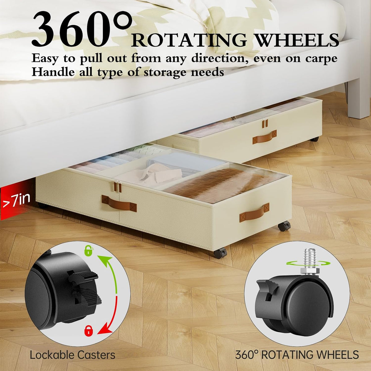 Yecaye Under Bed Storage with Wheels, 4 Pack Under Bed Storage Containers with Adjustable Dividers & Clear Window, Rolling Underbed Organizer Bins Drawers for Clothes, Shoes, Blankets, Beige - Field & Nook