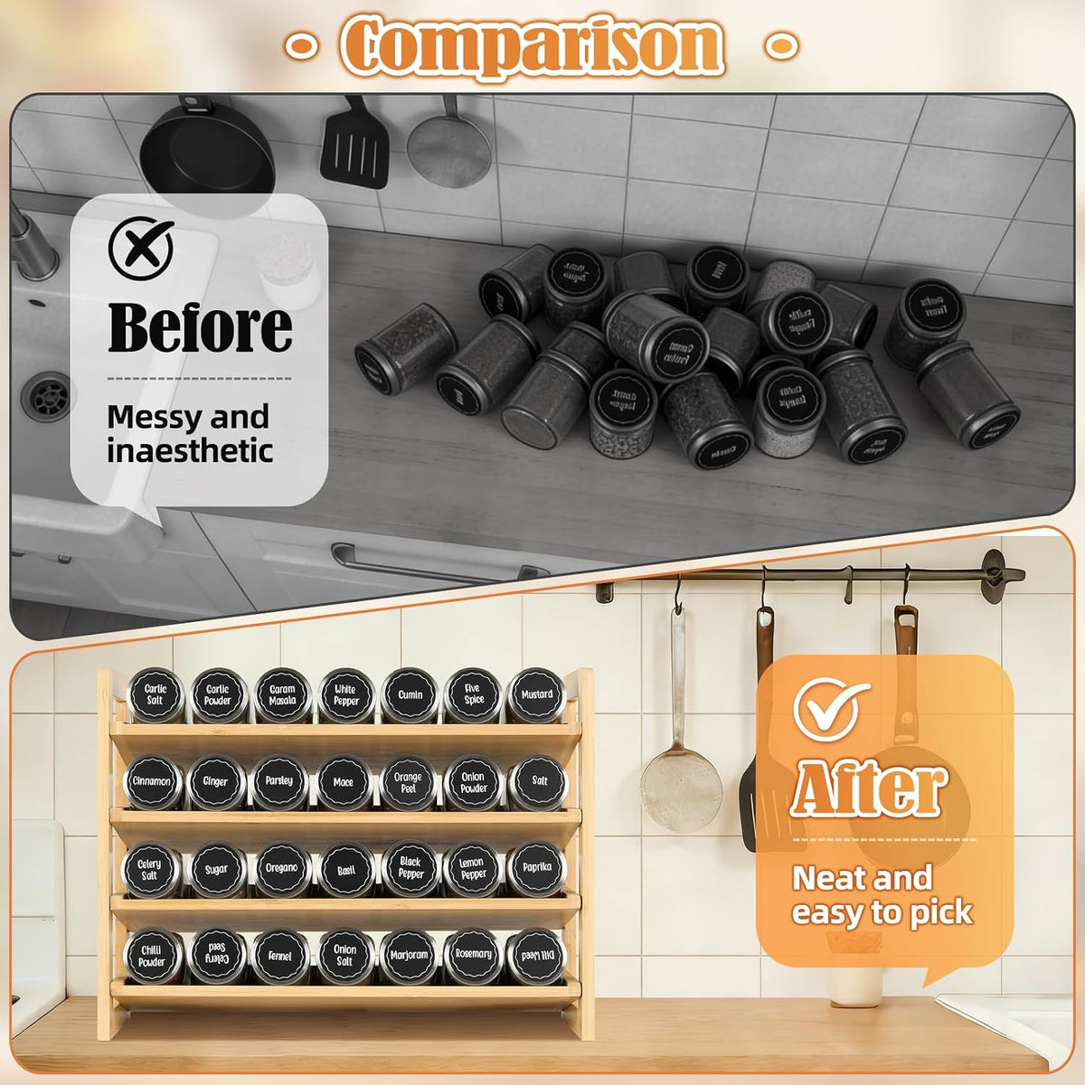 4-Tier Spice Rack Seasoning Organizer for Cabinet Pantry Countertop | Save Vertical Space, Bamboo Material with Aesthetic Design, Easy to Pick and Quick to Assemble - Field & Nook