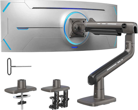 HUANUO TitanLift Heavy Duty Monitor Arm for Screens up to 49", Holds 44 lbs, Aluminum Ultrawide Screen Monitor Mount, Fully Adjustable Single Gaming Desk Mount with Dual C-Clamp, Max VESA 100x100mm
