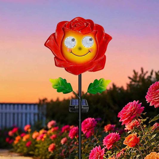 Solar Garden Light Waterproof Smile Rose Decor with Moving Eyes | Iron construction, for garden yard patio, solar powered, animated moving eyes smile, gift for mom grandma,Christmas decor
