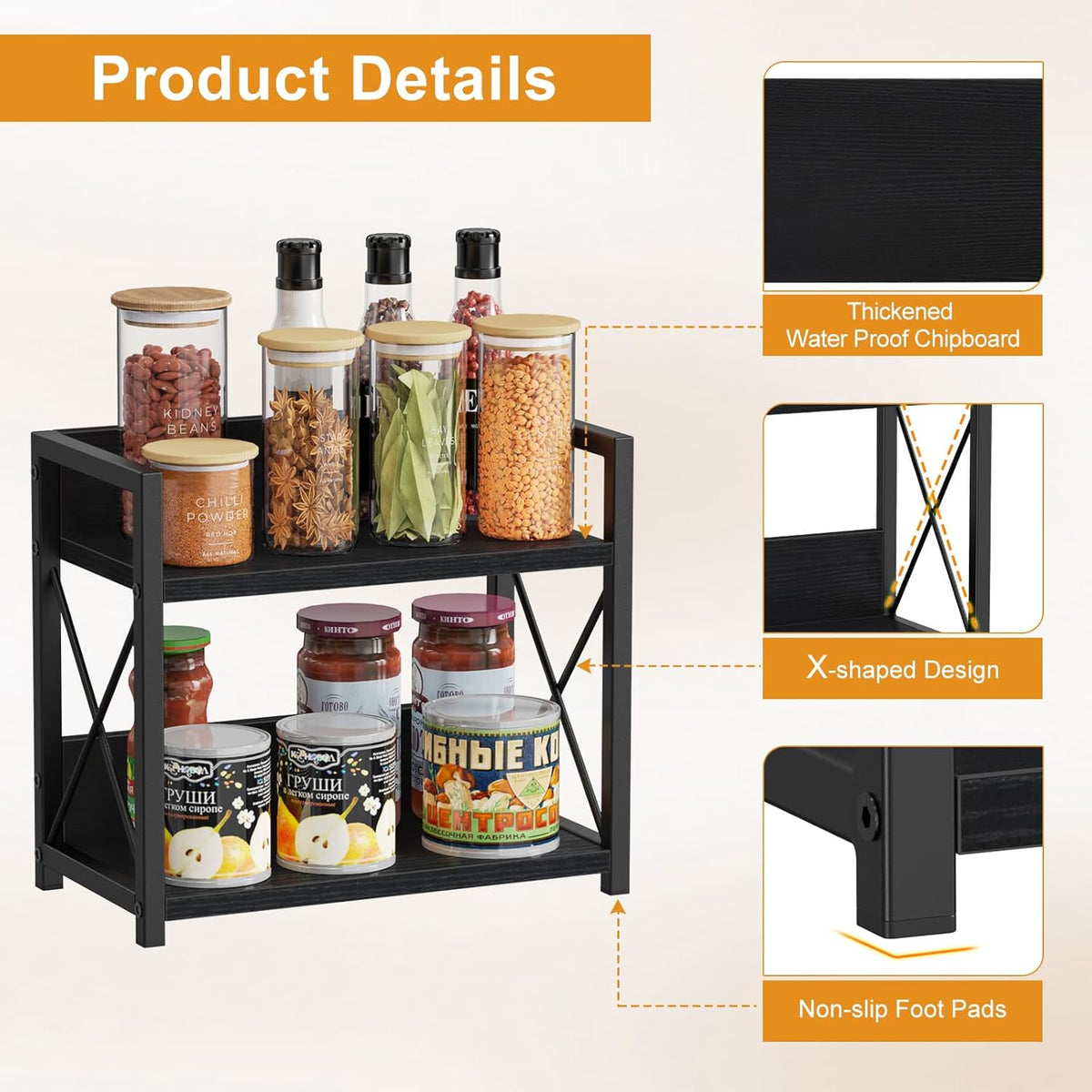 Giikin Kitchen Counter Shelf, 2 Tier Kitchen Spice Rack Organizer for Countertop, Wood Coffee Bar Organizer for Home (Black, S) - Field & Nook