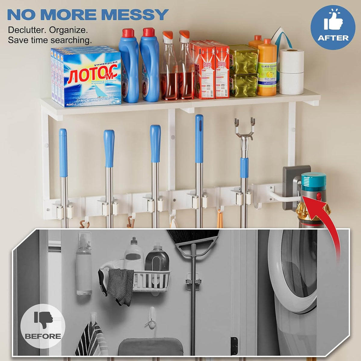 Broom Holder Wall Mount with Cleaning Supplies Organizer - Field & Nook