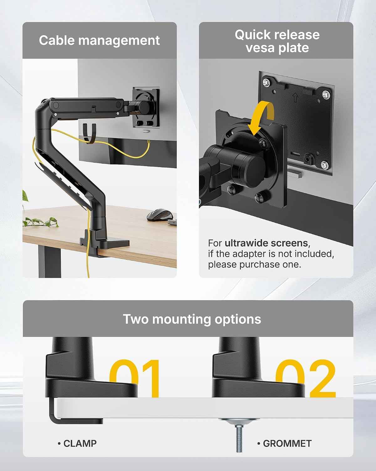 monTEK Heavy Duty Monitor Arm, 17-57" Ultrawide, Gas Spring, 59.4 lbs，Black | Desk Monitor Mount Holds 49" 57" Ultrawide Curved Screen Up to 59.4 lbs with No Sag,Clamp & Grommet Arm,75/100 VESA
