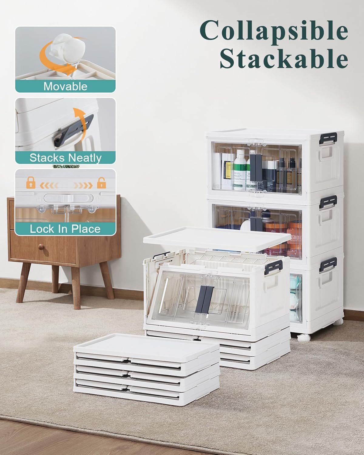 OlarHike 23QT Storage Bins with Lids for Closet, Office, Dorm, 3 Pack | Multi-Lid, Lockable Cabinet, Doors & Wheels, School, Bathroom, Foldable Containers, Stackable Organizers, Plastic Drawers - Field & Nook