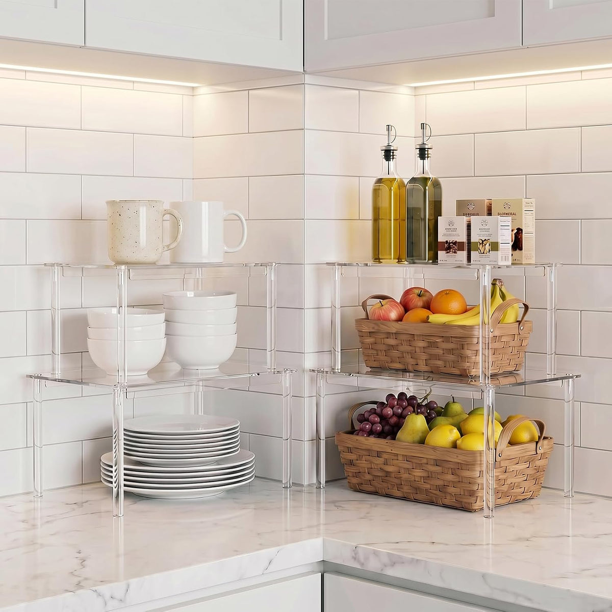 Delamu Cabinet Shelves, Clear Stackable Acrylic Storage Risers with Heavy Duty Support, Cabinet Organizer Shelf for Spices, Seasonings, Jars, Pantry, Kitchen Counter, Easy Assembly - Field & Nook