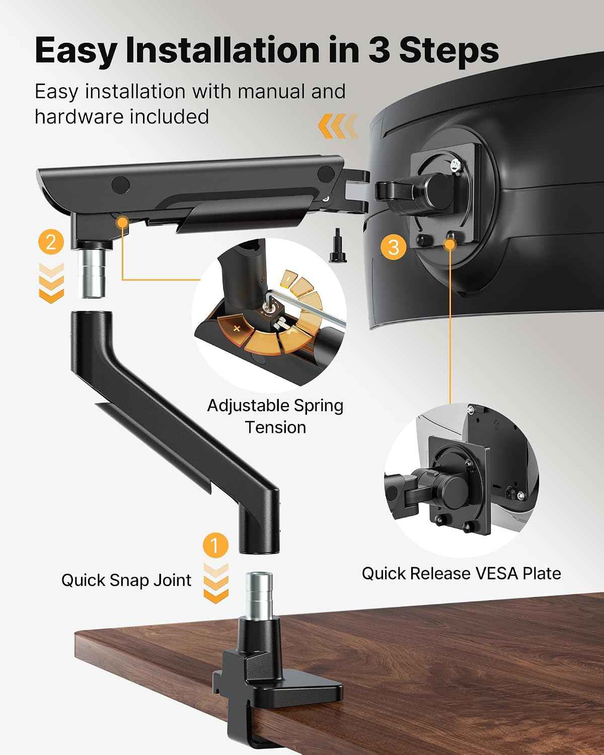 monTEK USB Monitor Arm for 17-57" Ultrawide, 59.4 lbs, Black | USB-A/C ports, pneumatic lift, quick-release VESA 75/100 plate, clamp/grommet bases and cable management