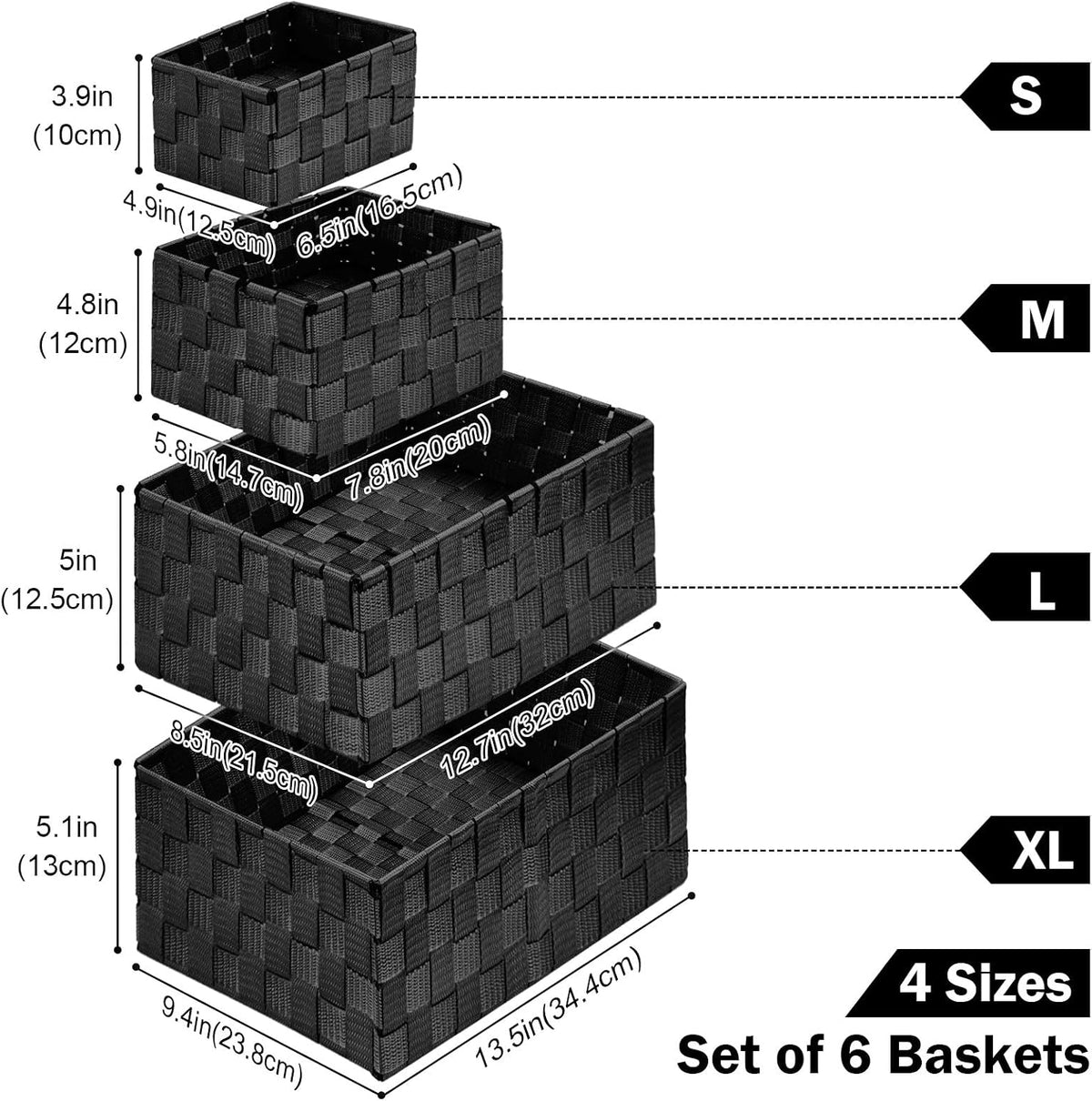 6-Pack Stackable Woven Storage Baskets with Lids – Black - Field & Nook
