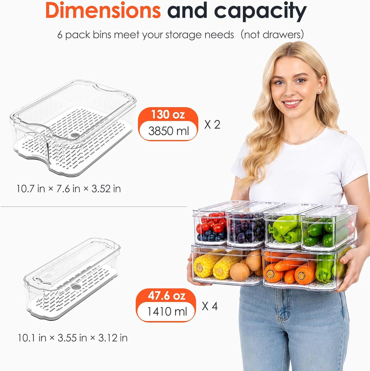 SMRCAD 6 Pack Clear Fridge Organizer Bins with Drain Trays - Stackable | BPA-Free PET, 6 Pack: 6 lidded Bins (Not drawer), Helps Keep Produce Fresh, 14L Capacity, Hand Wash Only - Field & Nook