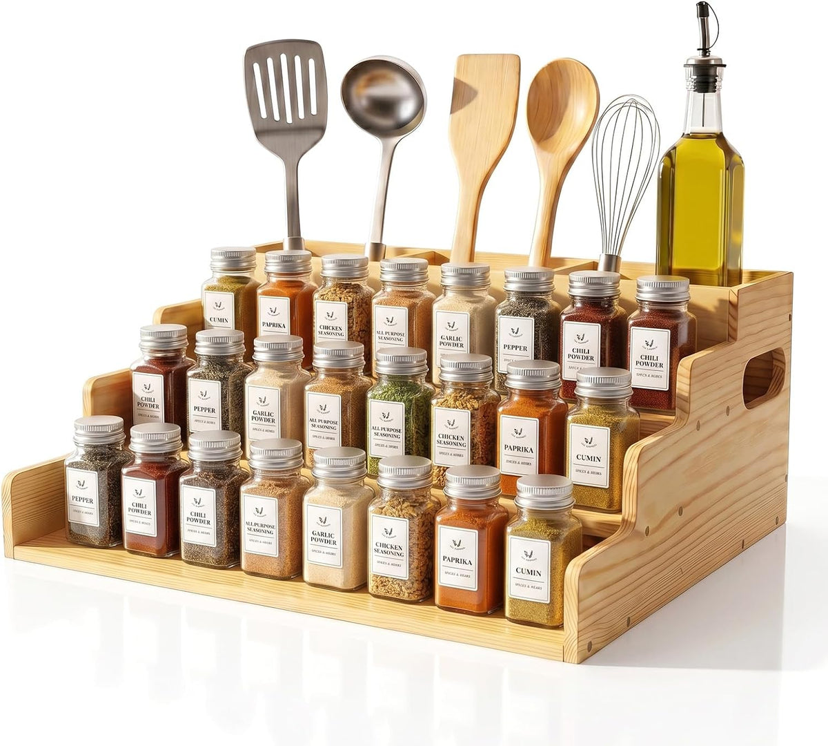 3 Tiered Wooden Spice Rack with Extra Utensil Holder and Adjustable Dividers, Spice Shelf for Spice Jars, Seasonings and Cooking Tools, Farmhouse Countertop Spice Organizer for Kitchen - Field & Nook