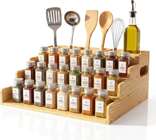 3 Tiered Wooden Spice Rack with Extra Utensil Holder and Adjustable Dividers, Spice Shelf for Spice Jars, Seasonings and Cooking Tools, Farmhouse Countertop Spice Organizer for Kitchen - Field & Nook