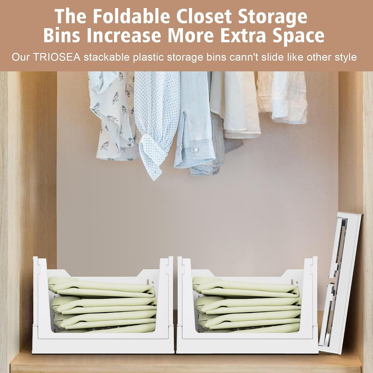 Stackable Storage Bins, Folding Collapsible Closet Organizers and Storage Bins Box, Plastic Shelves Drawer Organizer Container for Closet Office Bedroom Kitchen Bathroom with Wheels, White, 3 Pack - Field & Nook