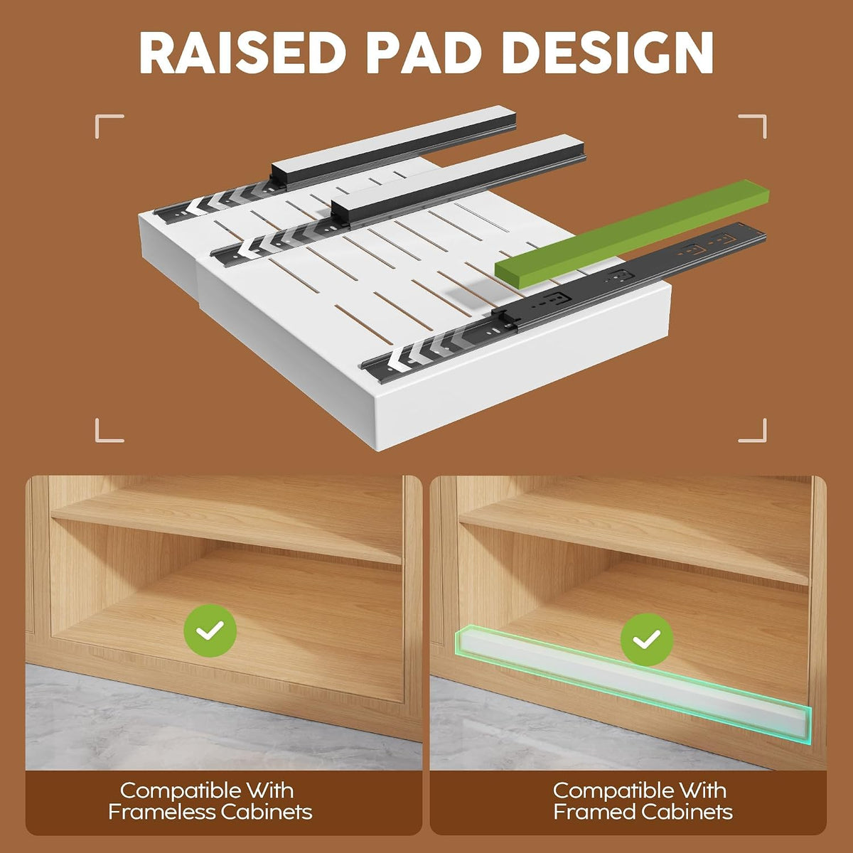 Seinloes 2Pack Expandable Pull Out Cabinet Organizer 21"Deep With Raising Pad for Framed Cabinets, Upgrade 3 Slide Rails Slide Out Drawers, Roll Out Shelves Adhesive,Adjustable Width 12.05"-20.4"White - Field & Nook