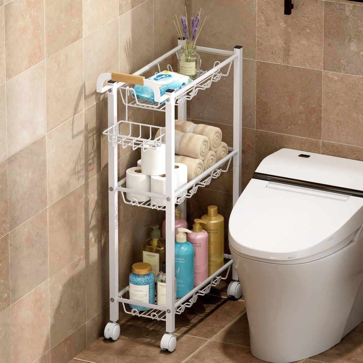 AOODA Laundry Room Cart with Top Detergent Holder, Metal Rolling Storage Cart Between Washer and Dryer, 3 Tier Narrow Laundry Room Organization and Storage with Wheels (White) - Field & Nook