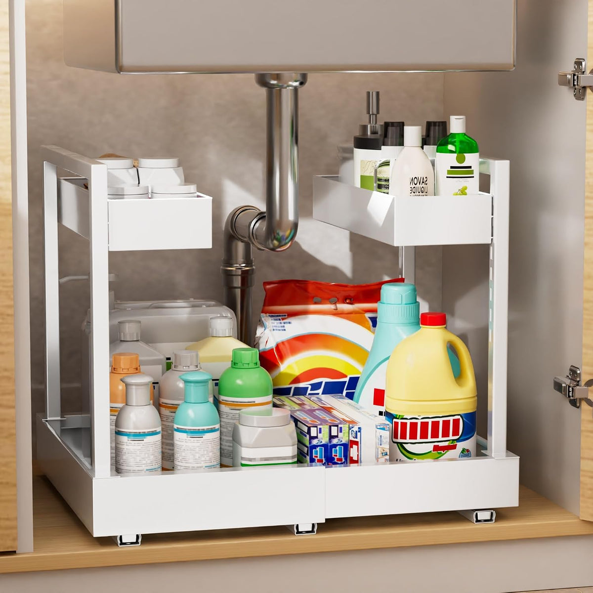 NEWMATIC Adjustable Under Sink Organizer Pull Out Drawers, 2-Tier Slide Out Cabinet Storage Shelf for Kitchen Sink, Height & Width Extendable White, 15''D x 13''-20.5''W x 15''H(1Pack) - Field & Nook