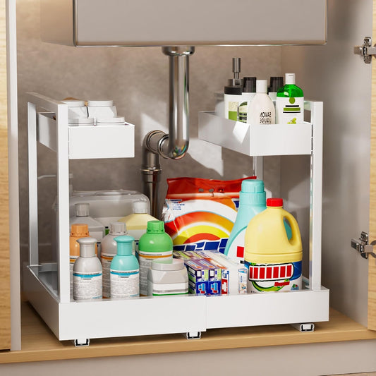 NEWMATIC Adjustable Under Sink Organizer Pull Out Drawers, 2-Tier Slide Out Cabinet Storage Shelf for Kitchen Sink, Height & Width Extendable White, 15''D x 13''-20.5''W x 15''H(1Pack) - Field & Nook
