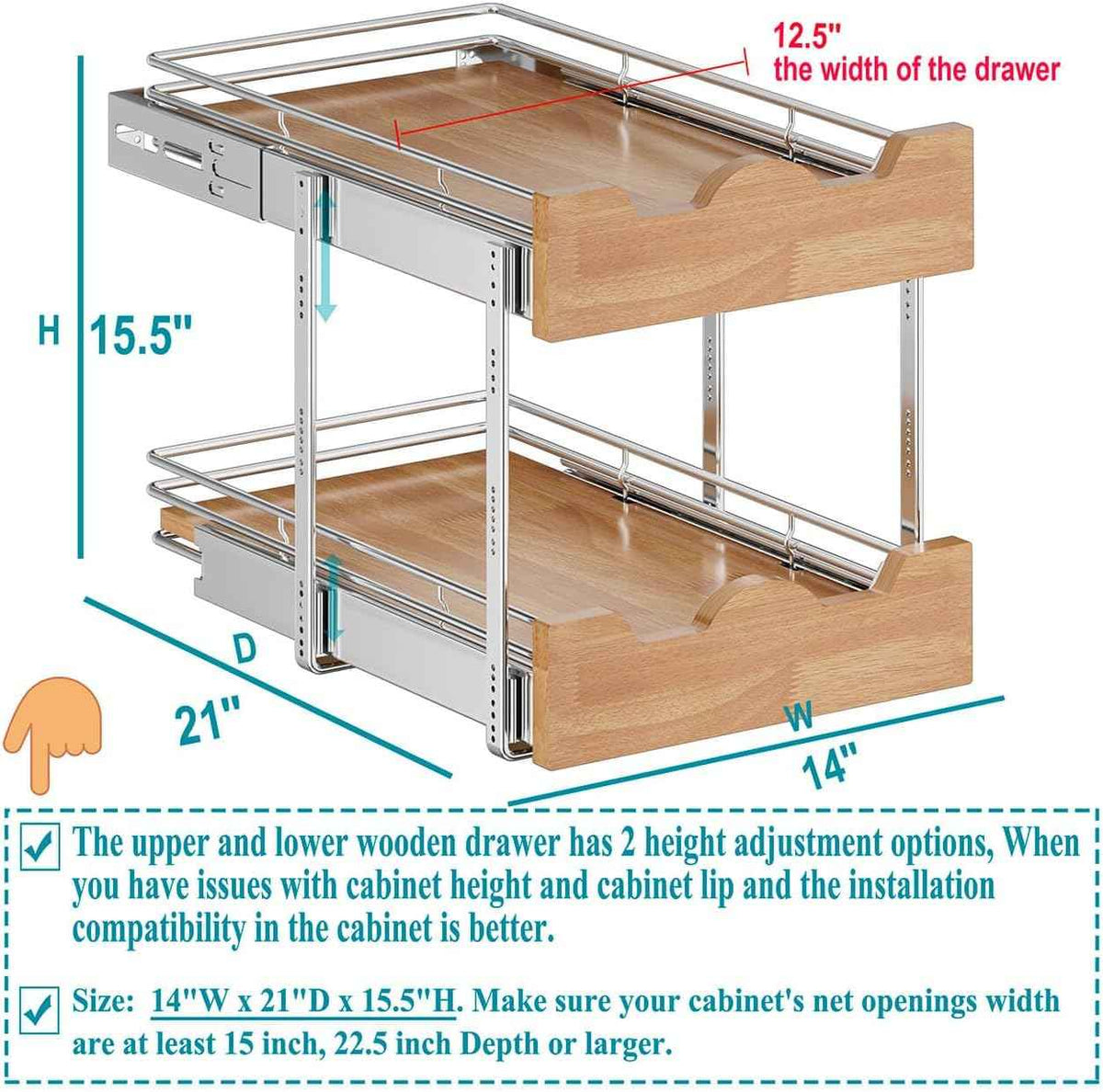 OCG Pull Out Cabinet Organizer, 2-Tier, 14" W x 21" D