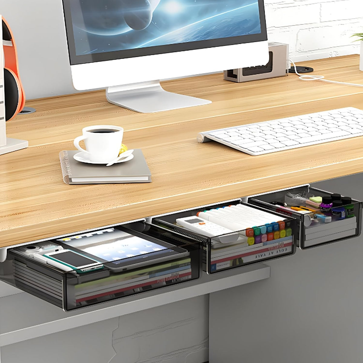 SVNNELP Under Desk Table Drawer Storage Organizer,3 Pack Large & Medium & Small Slide Out Desk Drawers - Hidden Desktop Organizer,Attachable Pencil Storage Tray Under Table(SML) - Field & Nook