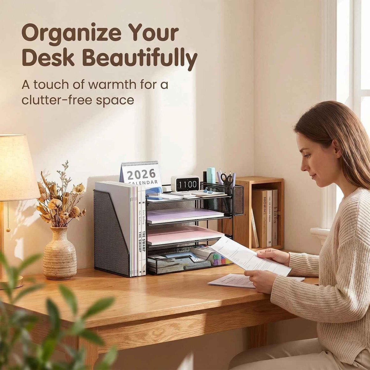 Desk Organizers and Accessories, 4-Tier Desktop File Organizer with Drawer and Pen Holders, Office Desk Accessories Workspace Organizers for Office Supplies (Black)