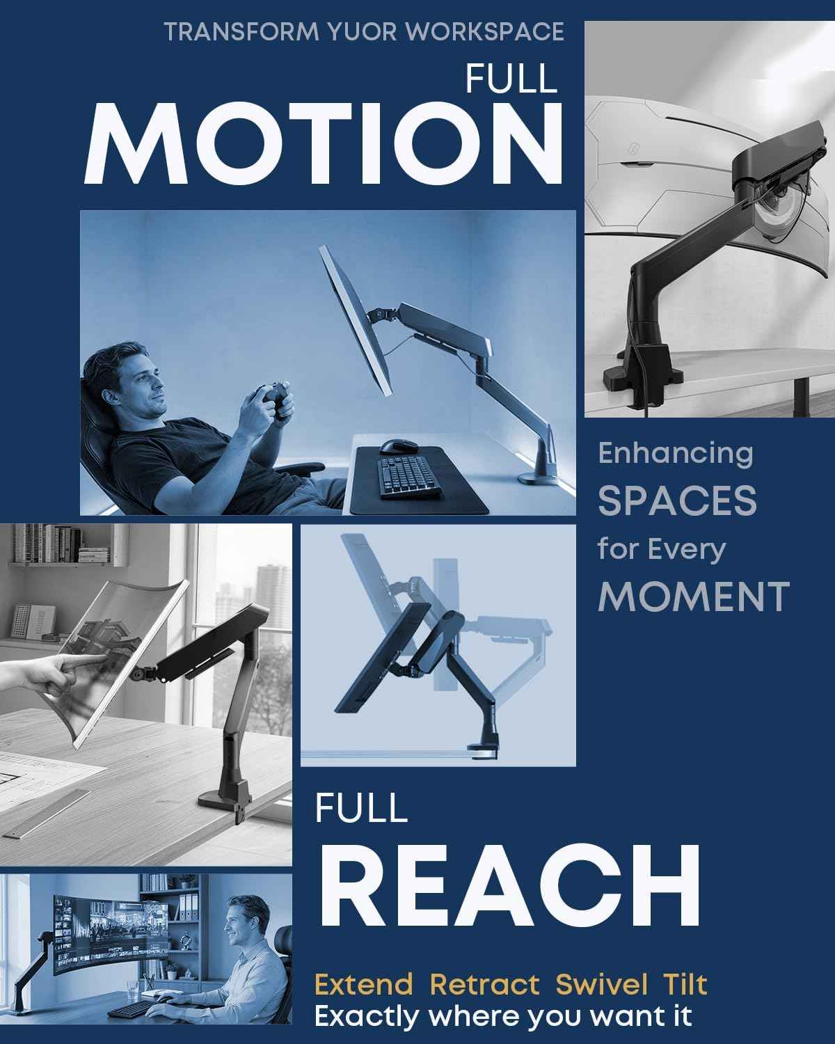 Ultrawide Monitor Arm fits 17-49 Inch Heavy Duty Flat/Curved Monitor | Cable Management, Full Motion, Gas Spring Arm, Holds 35.2 lbs with Clamp & Grommet Desk Mount, VESA 75/100mm, Black