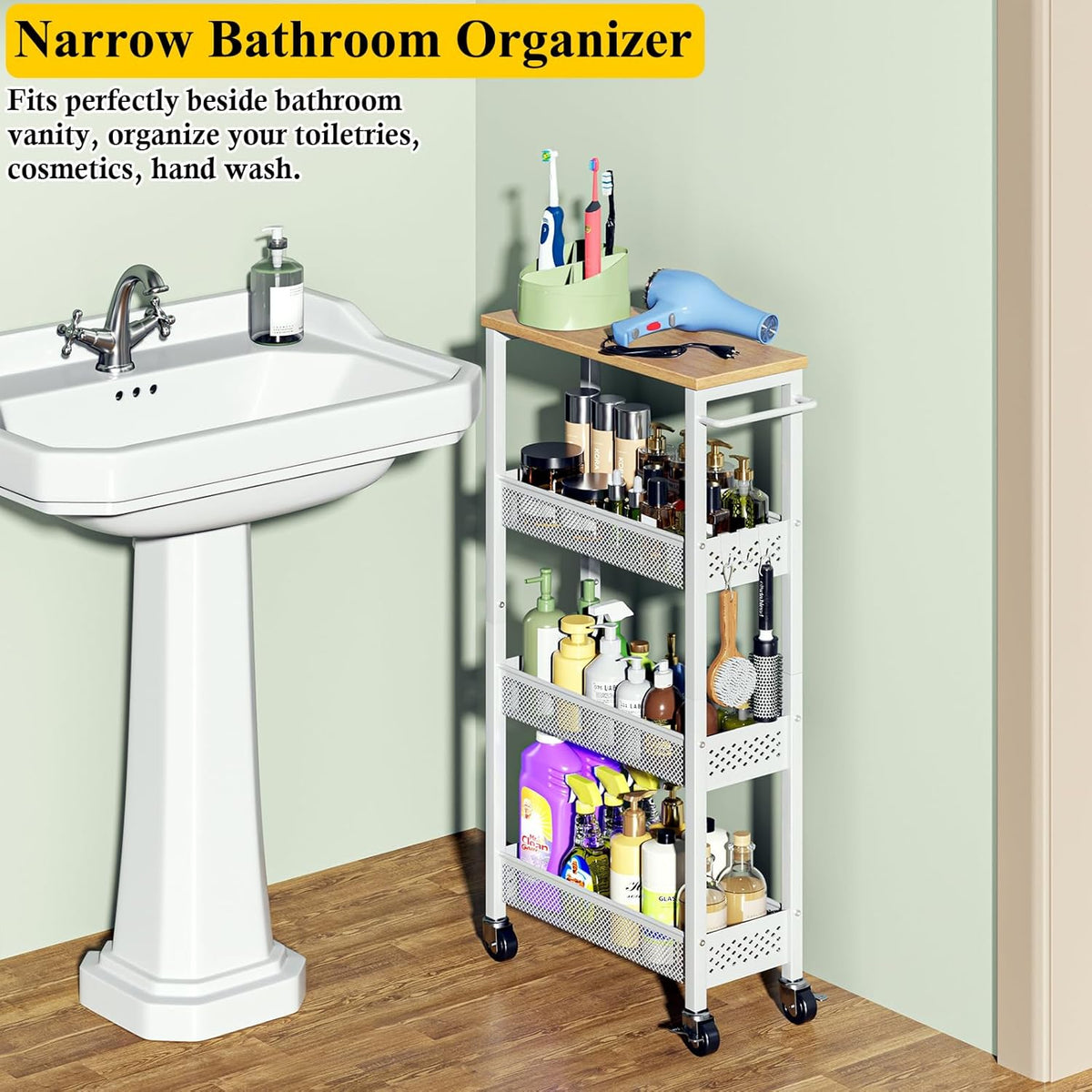 Slim Laundry Room Organization Cart with Upgraded Metal Hub Casters - Field & Nook