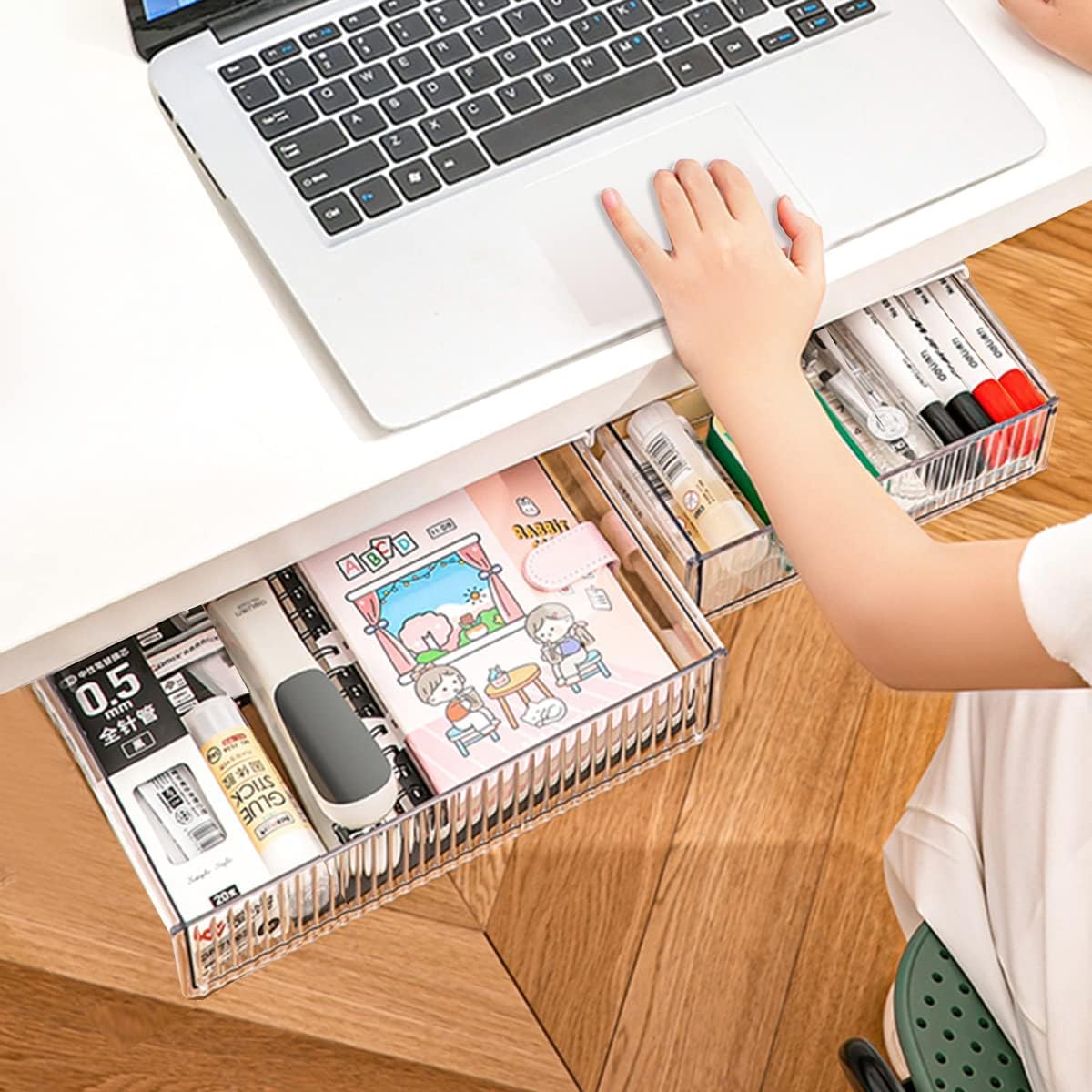 2Pcs Under Desk Storage Drawers Slide Out,Large&Medium,Stick On Drawers,Under Desk Organizer Hidden Under Table Drawer for Home Office School Organization and Storage-Clear White - Field & Nook