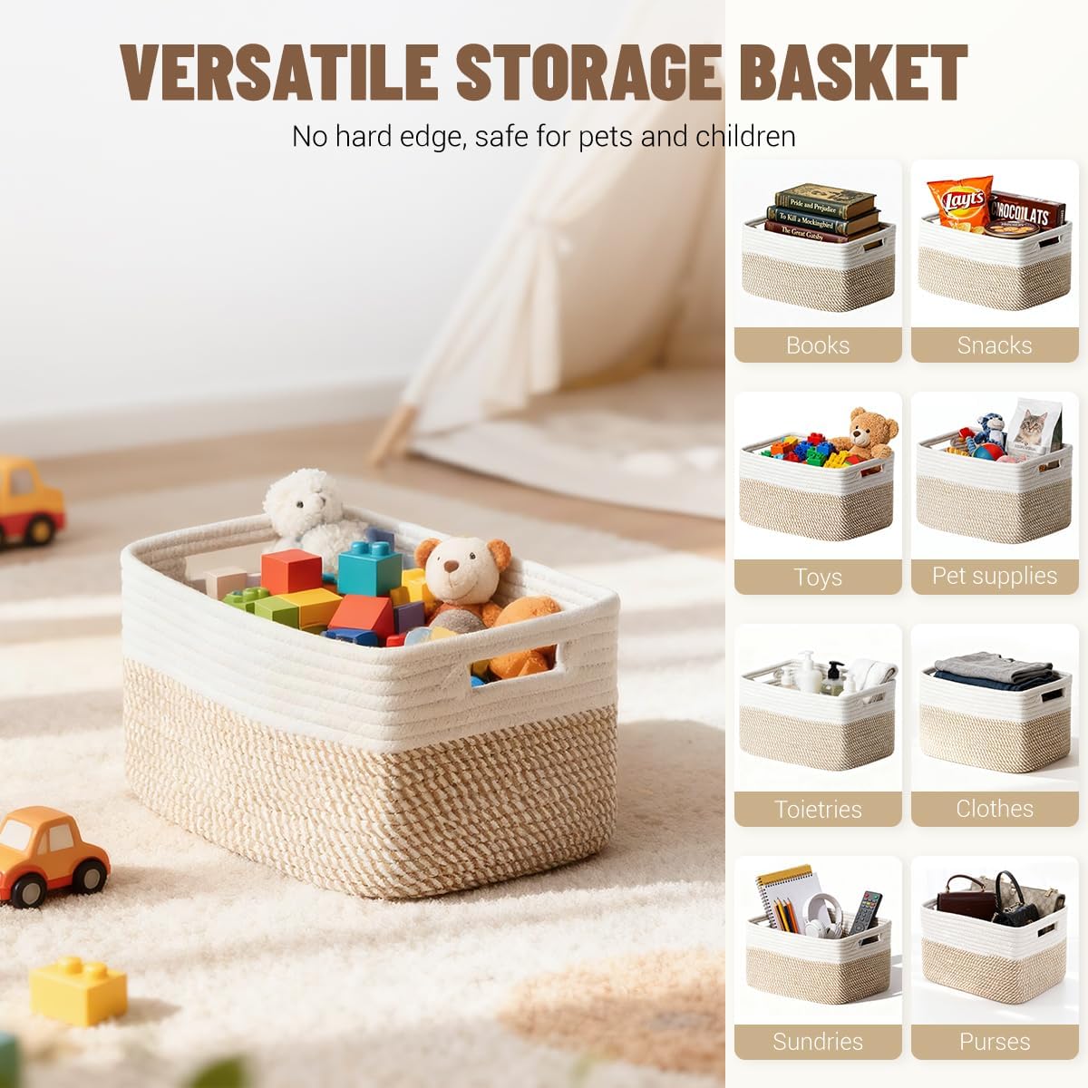 5 Pack Woven Storage Baskets, Decorative Storage Bins for Organizing | 13.8'' × 9.8'' × 7.9'', Cotton Rope Basket Organizer for Closet, Shelves, bathroom, Nursery, Toys, Books, Pantry, Khaki/White - Field & Nook