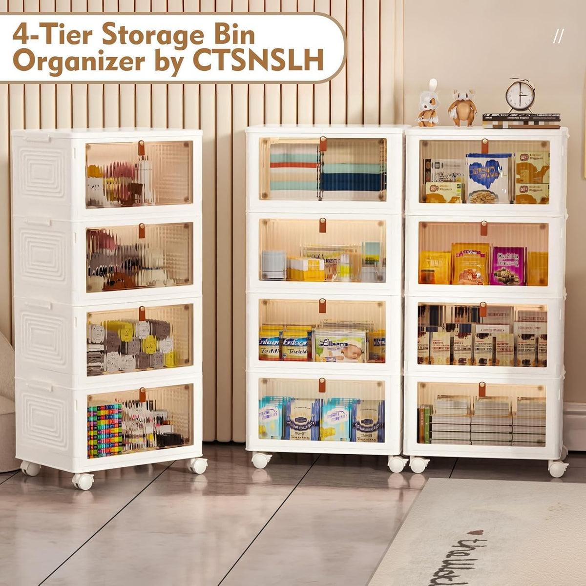 CTSNSLH 4 Tier Plastic Storage Bins with Lid 23QT - Stackable Storage Bins | Organizers and Storage with Wheels, Plastic Storage Cabinet Organization and Storage for Living Room,Office,Dorm - Field & Nook