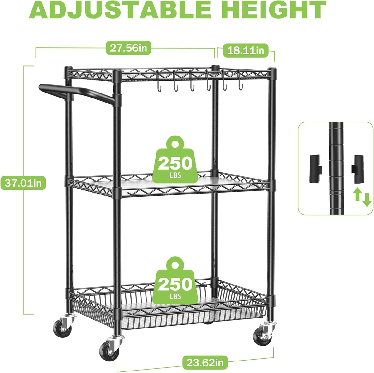 3 Tier Rolling Utility Metal Carts with Wheels Heavy Duty Cart 750Lbs | Adjustable Kitchen Storage Organizer Cart with Handle & Shelf Liner Commercial Grade Trolley for Indoor & Outdoor Use - Field & Nook