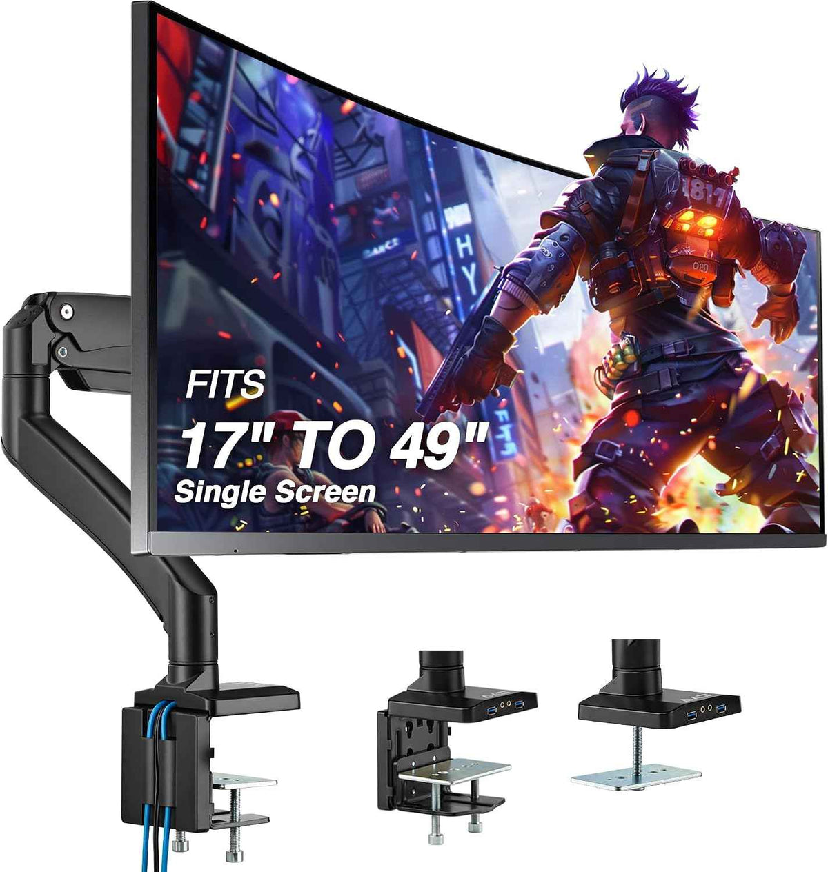 AVLT Single 17"-49" Super Ultrawide Monitor Arm Desk Mount Black | Screens up to 50 lbs Premium Aluminum Stand Adjustable Pneumatic Height Full Motion Swivel Tilt Rotation USB 3.0 & AUX Ports