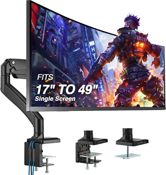 AVLT Single 17"-49" Super Ultrawide Monitor Arm Desk Mount Black | Screens up to 50 lbs Premium Aluminum Stand Adjustable Pneumatic Height Full Motion Swivel Tilt Rotation USB 3.0 & AUX Ports