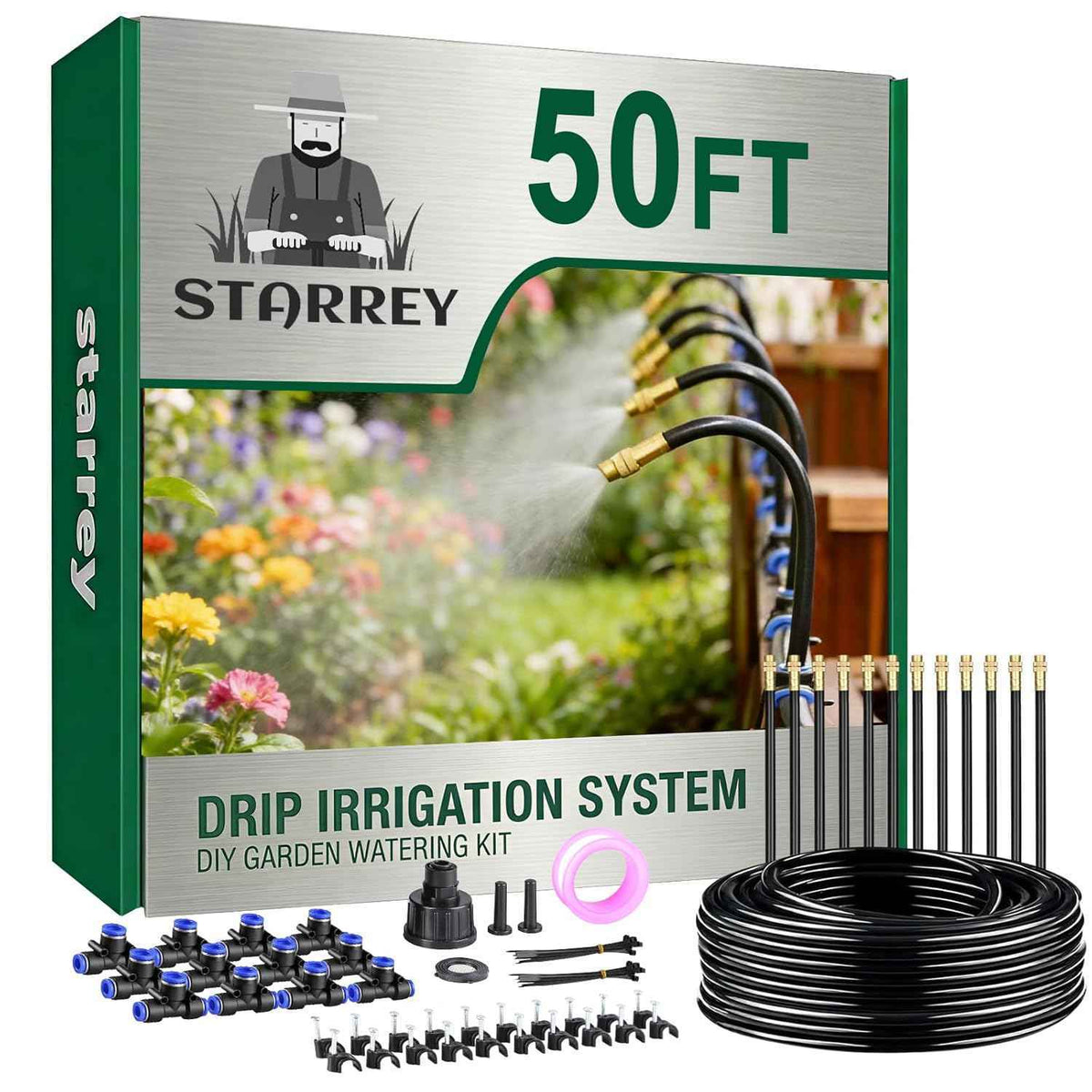 Drip Irrigation System, 2026-Upgrade 50Ft 1/4" Garden Watering System with 12 Pcs 360° Adjustable Copper Nozzles, DIY Kit for Garden, Lawn, Greenhouse, Raised Beds & Outdoor Plants