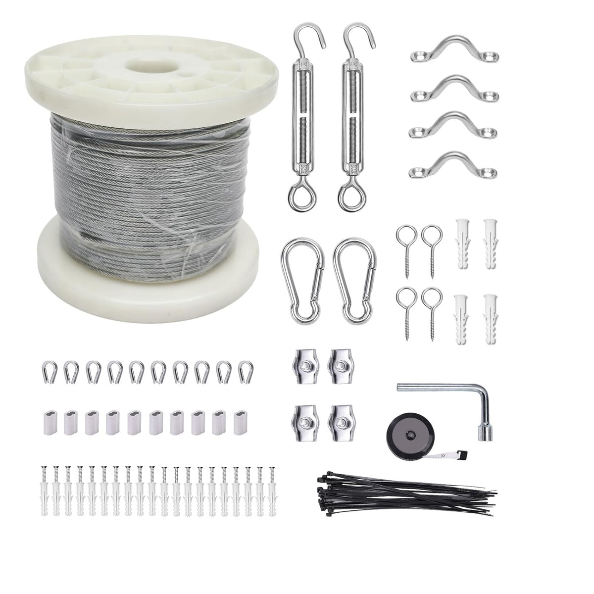 3/38" Wire Cable Rope Kit ，Vinyl Coated 304 Stainless Steel Wire – 100FT 7x7 Strand Cable with Turnbuckles，String Lights Hanging Kit for Outdoor, Garden,Patio, Crafts, Hanging Lights