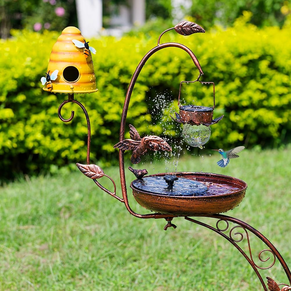 DREAMSOUL Solar Bird Bath with Bird House, 3 in 1 Bird Bath for Outside with Flower Planter, Metal Birdbath with Solar Light for Garden Yard Decor