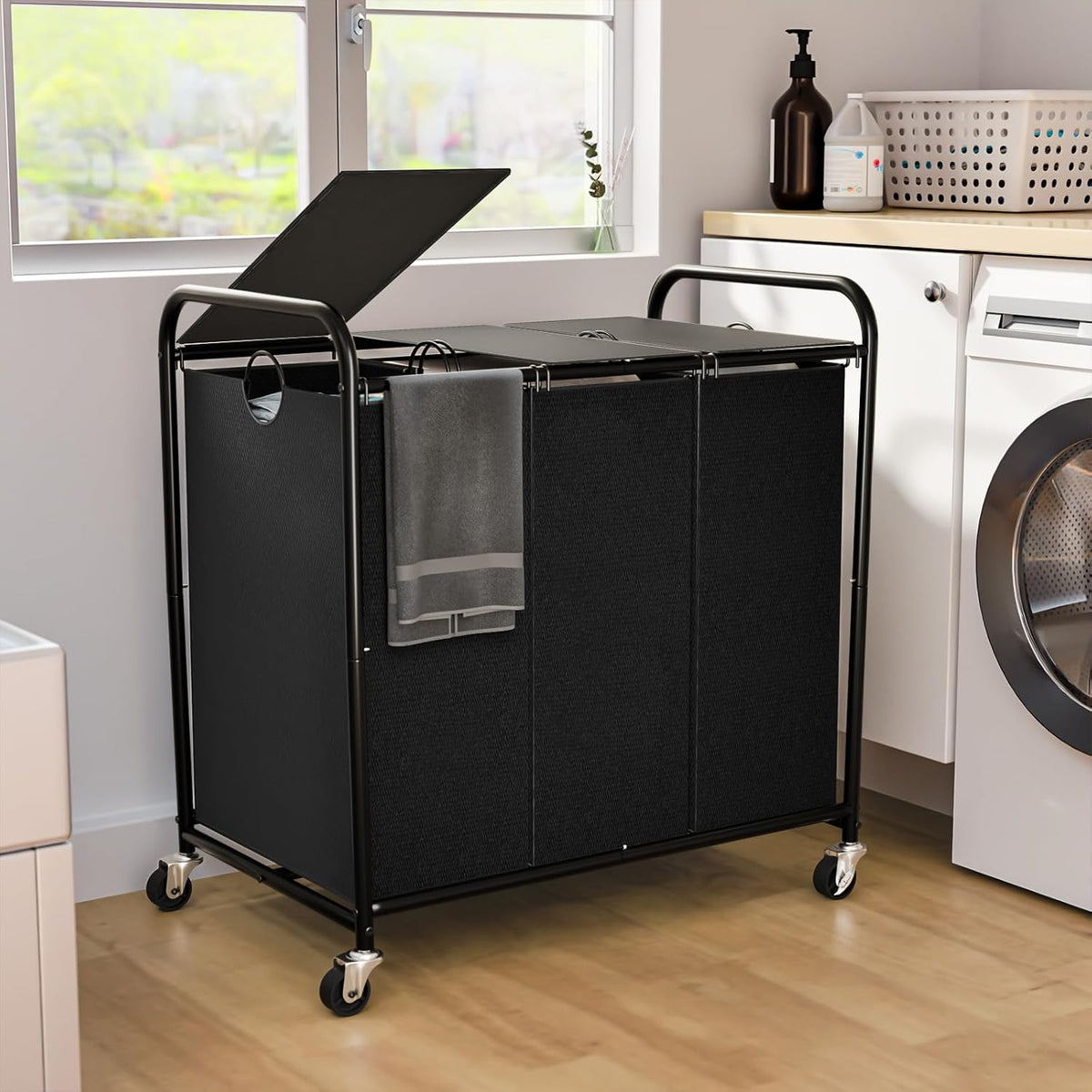 180L 3-Section Rolling Laundry Hamper with Lid - Field & Nook