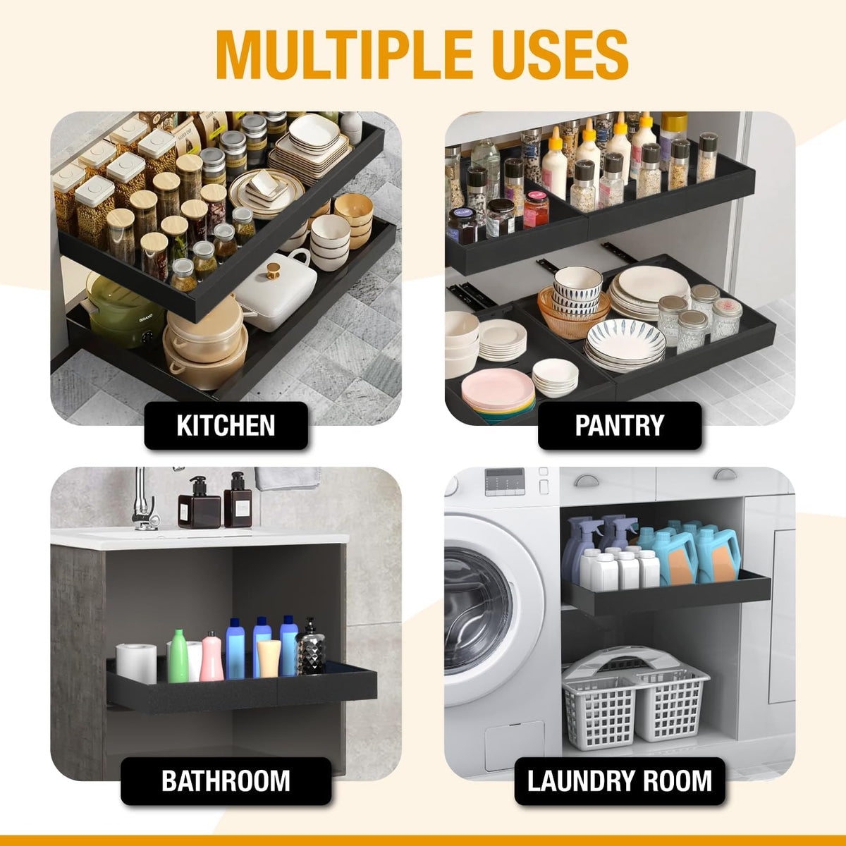 Expandable Pull Out Drawers for Cabinets(White) : Kitchen and Pantry Organizer, Sliding Cabinet Organizer with Adhesive, Under Sink and Pots Storage, Depth 16.5". expandable pull out cabinet organizer - Field & Nook