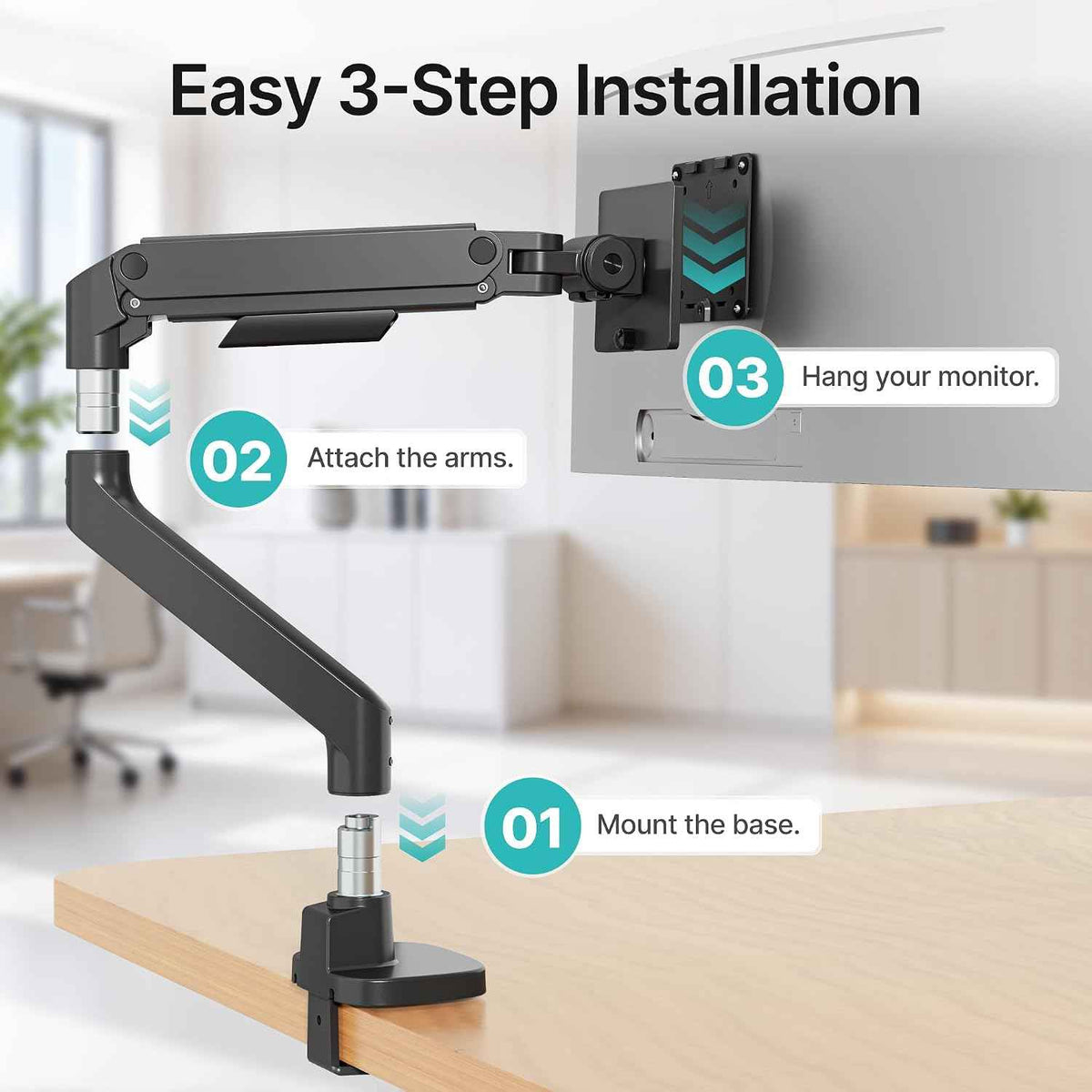 Pegzone Heavy Duty Single Monitor Arm, Gas Spring Monitor Mount for 17-49 Inch Ultrawide Screens with USB, Computer Monitor Stand for Desk with C-Clamp/Grommet Base up to 44 lbs, VESA 75/100mm, Black