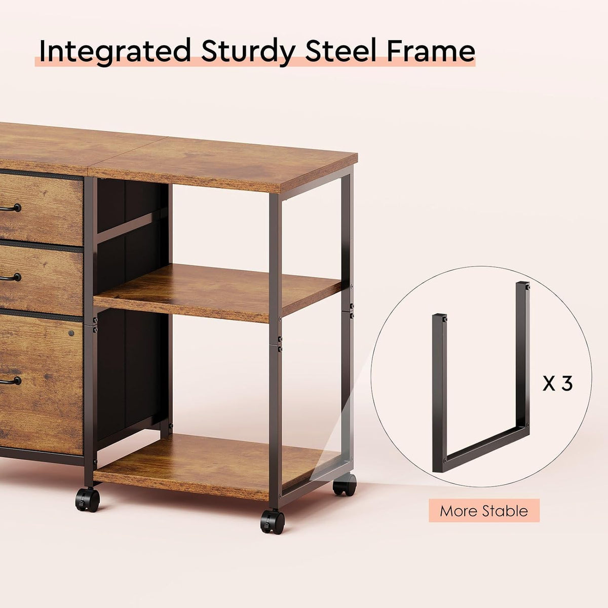 3 Drawer File Cabinet with Wheels with Open Storage Shelf | Rustic Brown2, Rolling Printer Stand Fabric Lateral Filing Cabinet for Home Office - Field & Nook