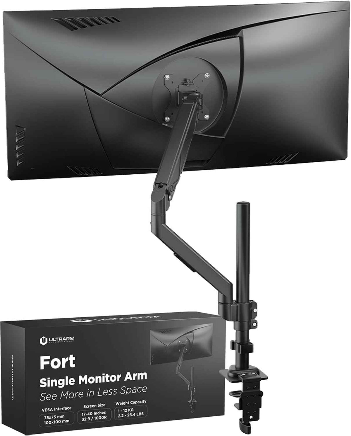 ULTRARM Extra-Tall Heavy-Duty Monitor Arm Mount for 40" Ultrawide Monitors | 33.4" Max Height, 26.4 lb VESA Capacity, C-Clamp & Grommet Mount, Height Adjustable, Long-Reach Ergonomic Arm, Black, MA12P-S