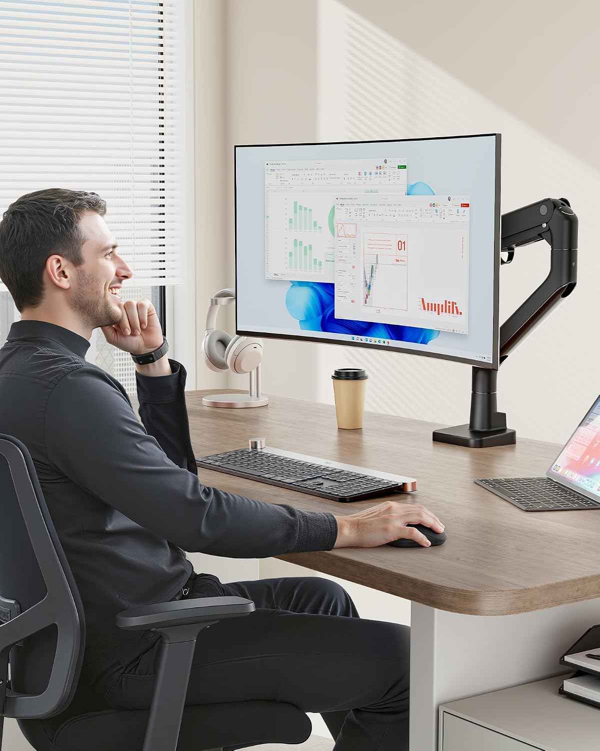 monTEK Heavy Duty Monitor Arm, 17-57" Ultrawide, Gas Spring, 59.4 lbs，Black | Desk Monitor Mount Holds 49" 57" Ultrawide Curved Screen Up to 59.4 lbs with No Sag,Clamp & Grommet Arm,75/100 VESA