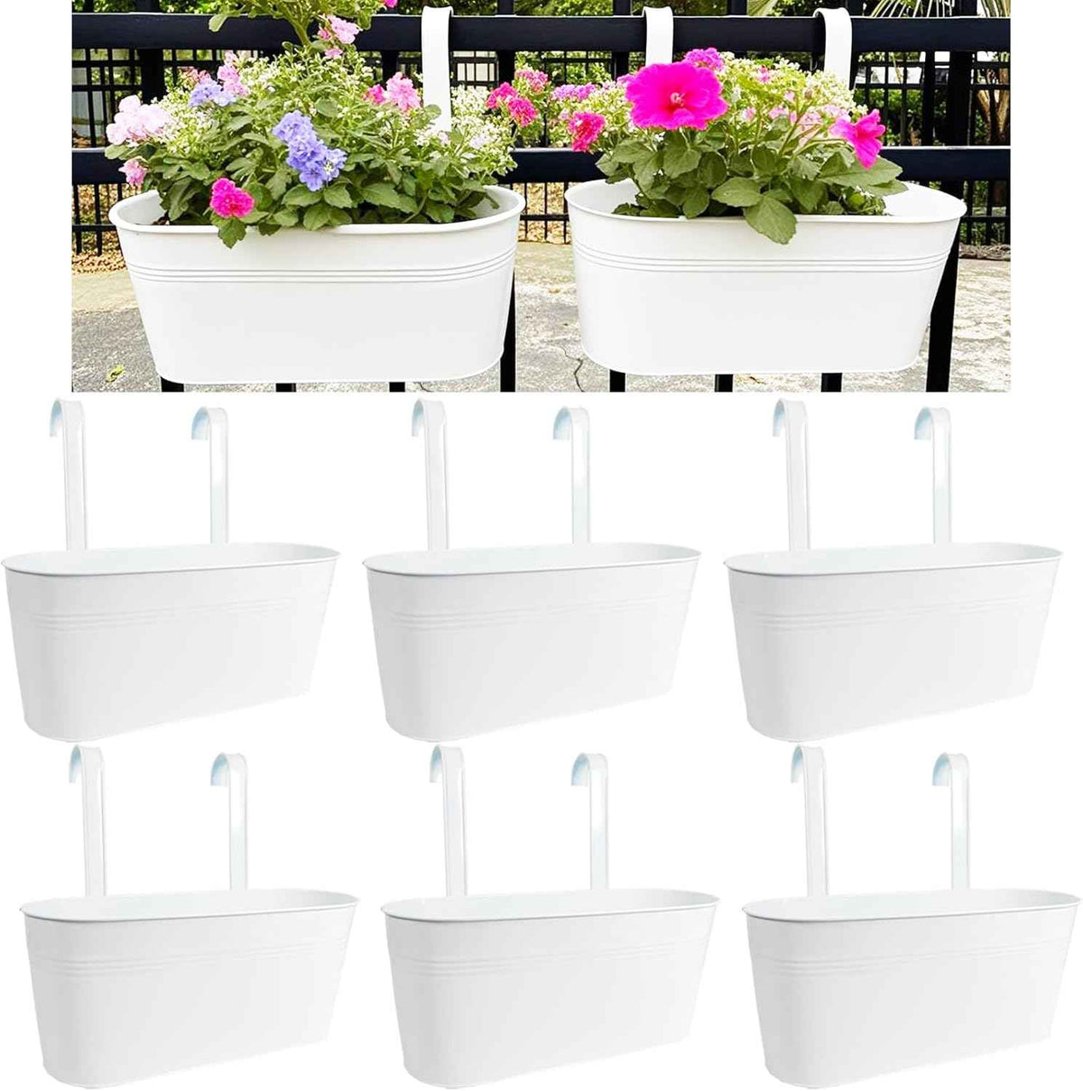 Hanging Planters for Outdoor Plants, 17" Railing Planter Pots, Metal Fence Flower Pot for Porch Balcony with Detachable Hook (White, Pack of 6)
