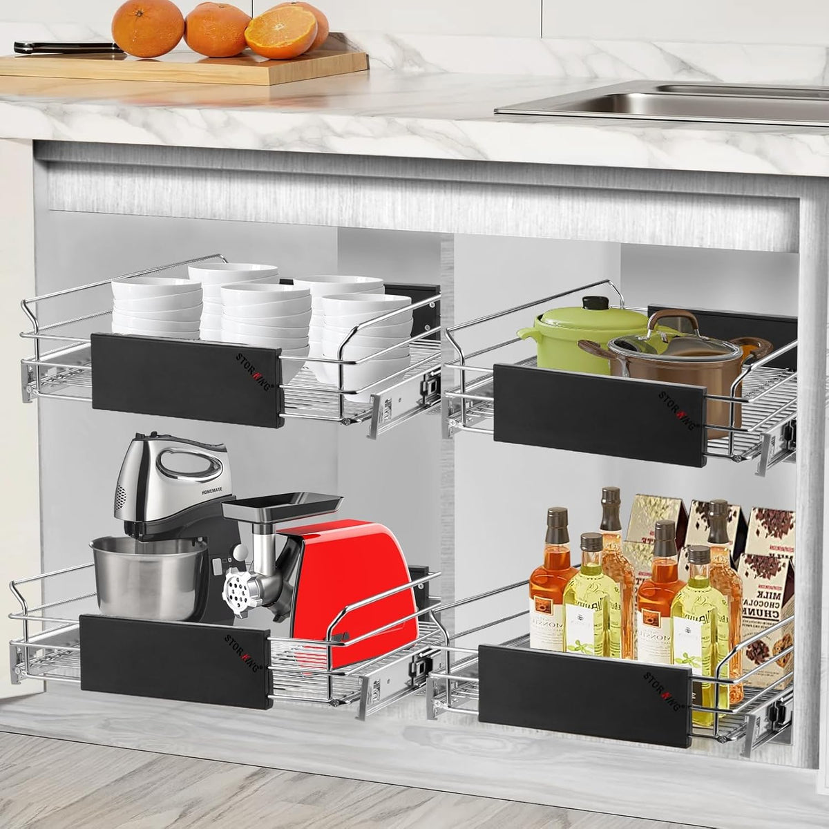 Expandable Pull Out Cabinet Organizer, 12.5~20.2" W x 17.3" D