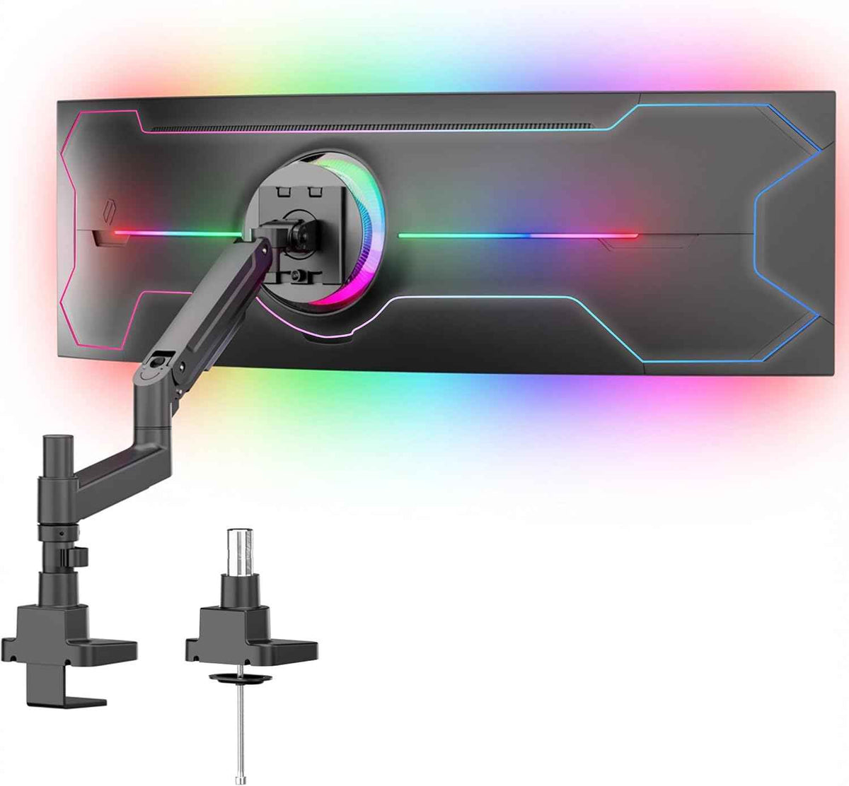 Mount-It! Ultrawide Monitor Desk Mount with Pole, Fits 17–49” Screens, Heavy Duty Height-Adjustable Gas Spring Arm, 44 lbs Capacity, Full Motion, VESA 75/100, Clamp or Grommet
