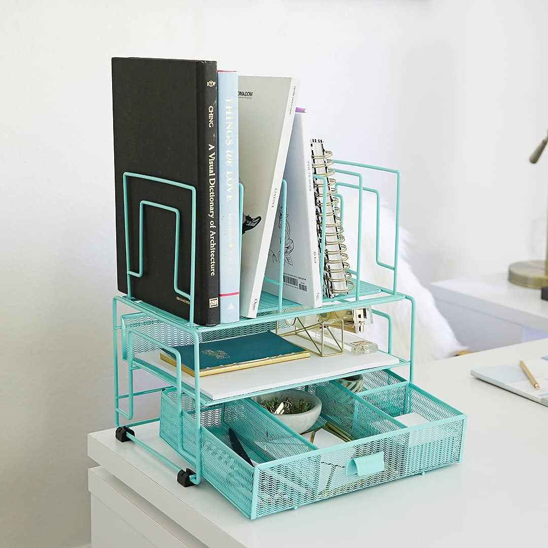 BLU MONACO Mint Green Desk Organizer With File Sorters and Drawer | Metal Mesh Desktop Storage for Office Supplies, Papers, Devices and Folders | 9.3”D x 12.5”W x 14”H All-In-One Workspace Holder