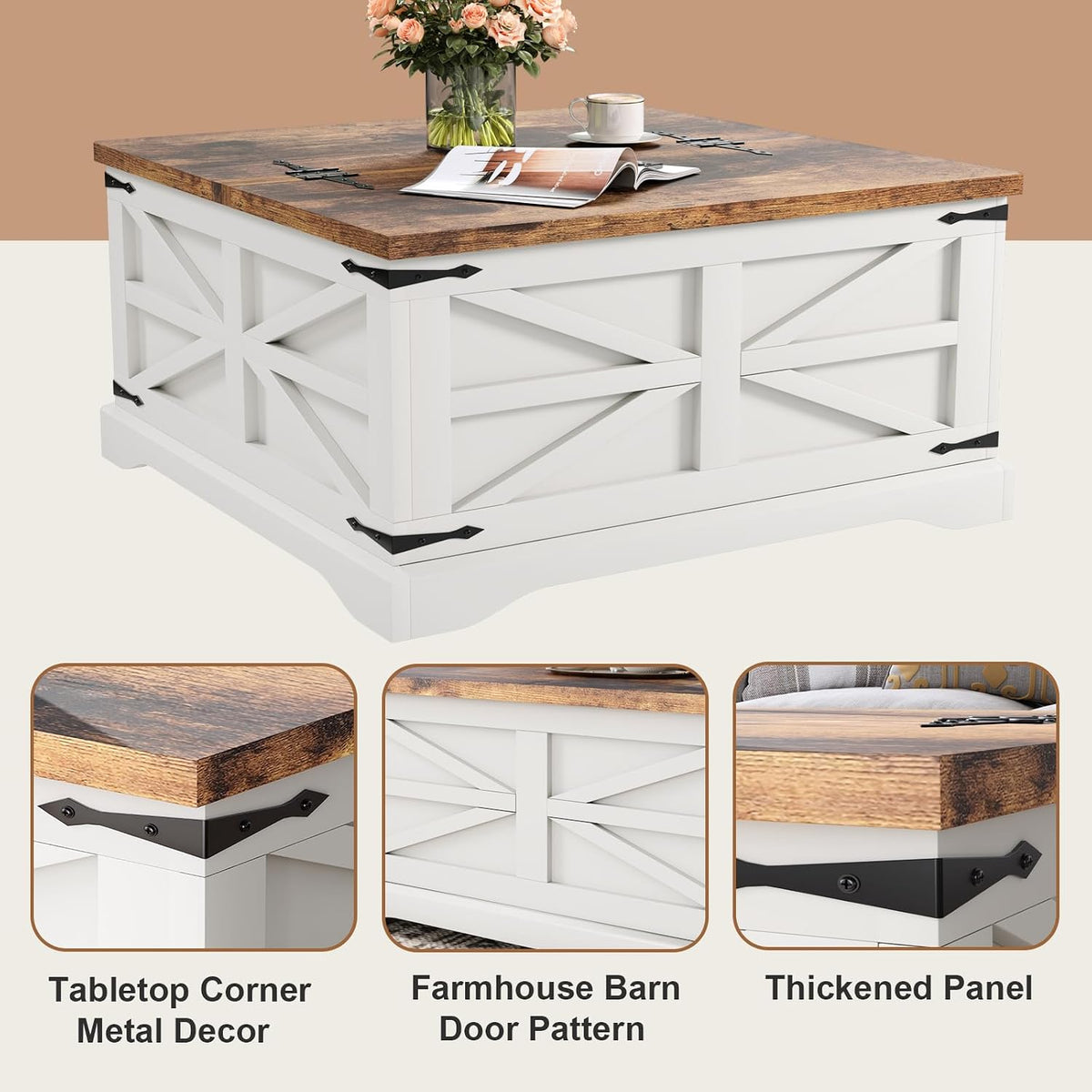 MXV Farmhouse Coffee Table with Storage, White