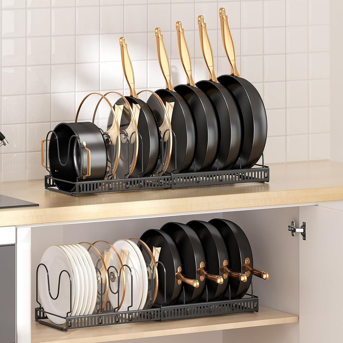 MUDEELA Expandable Pot, Pan & Lid Organizer, 10 Divider, Black