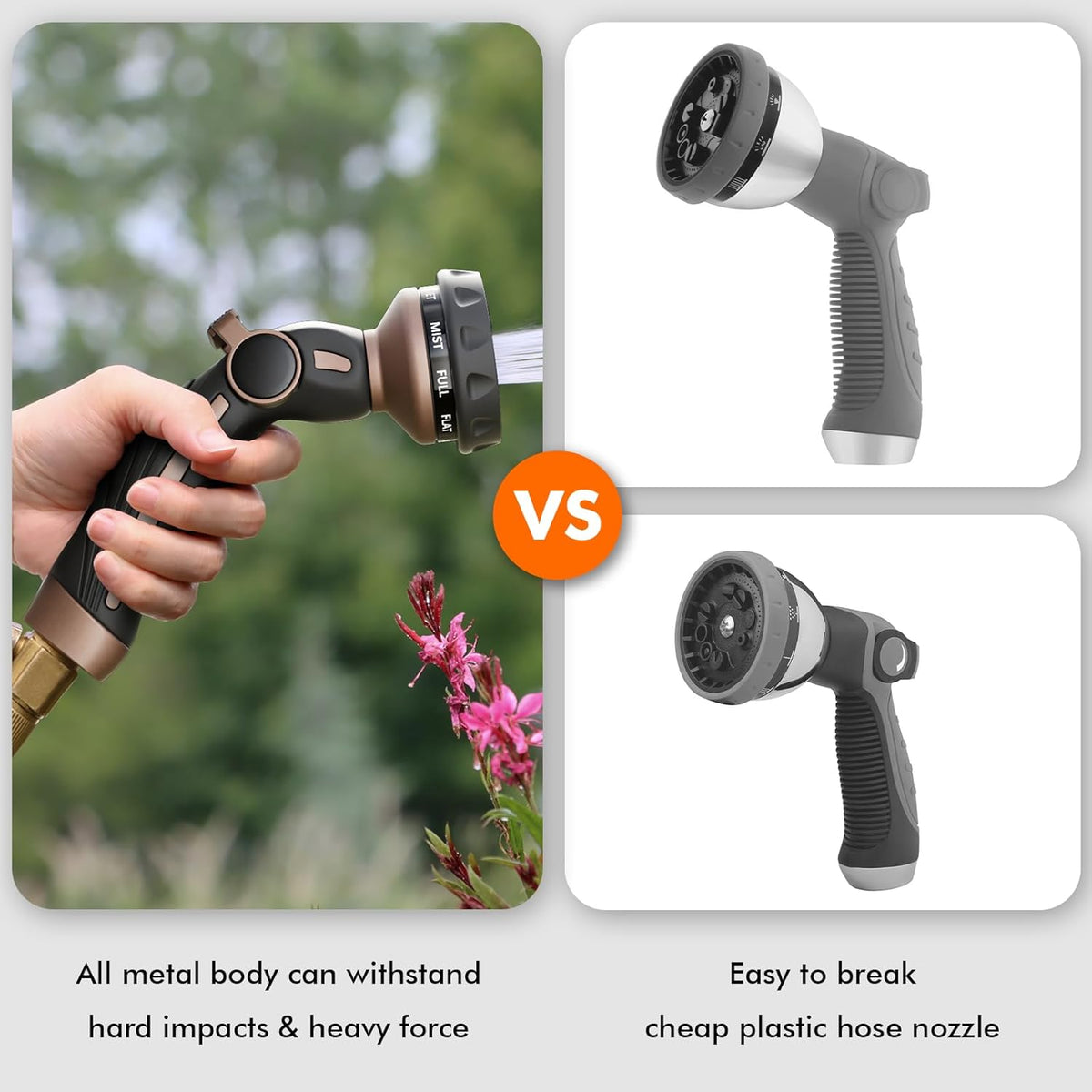 Heavy-Duty Metal Garden Hose Nozzle – 9 Spray Patterns