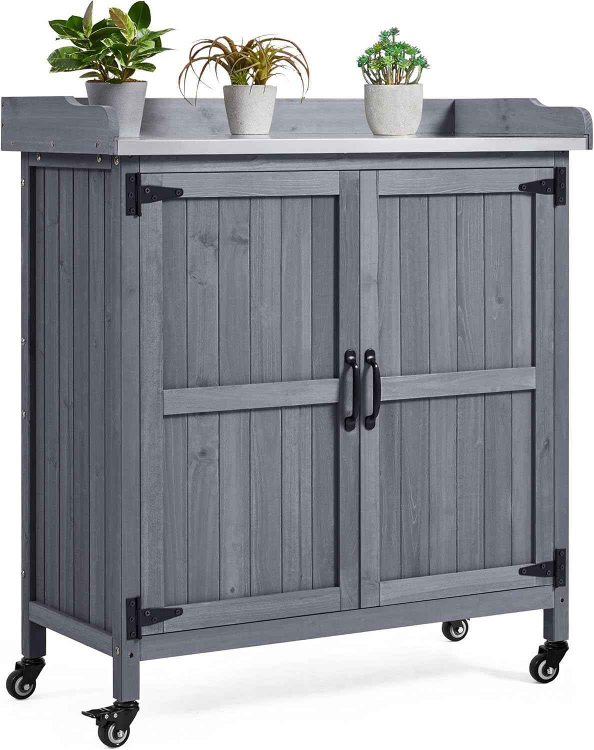 Topeakmart Potting Bench Table - Wooden Storage Cabinet with Removable Shelf & Flexible Space & Metal-Plated Tabletop for Outdoor Garden Patio, Gray