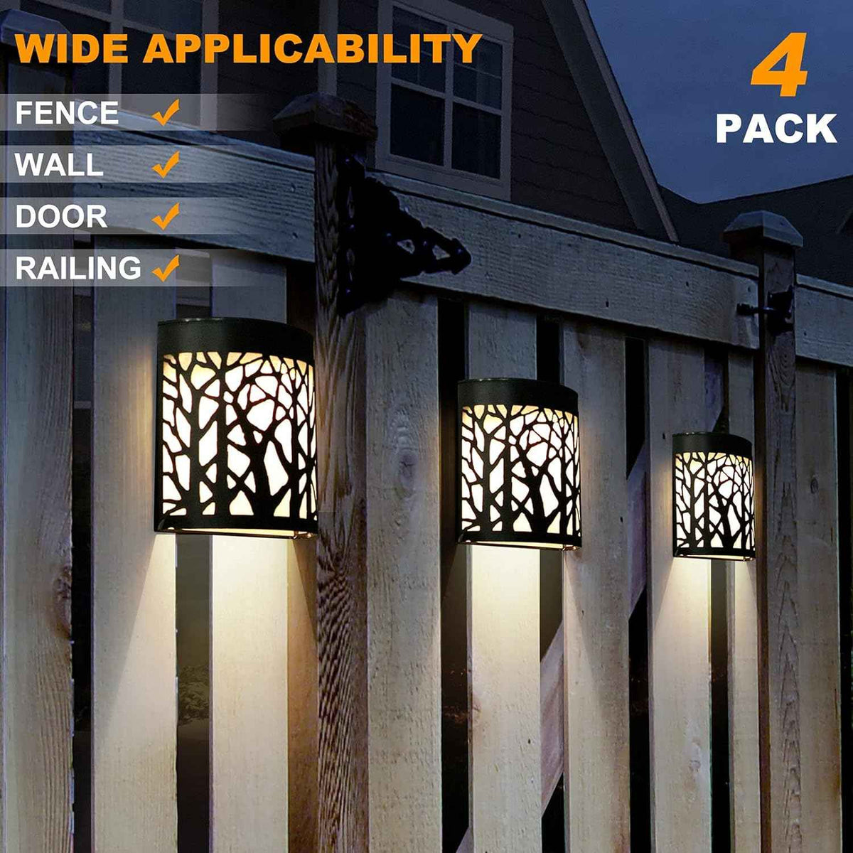 DenicMic Solar Wall Lights Outdoor Wall Sconce Fence Lights Solar Powered | 4 Pack, Mental Patio Front Door Yard Deck Stair House Led Forest Decorative Lamps, Waterproof, Warm White Color Changing