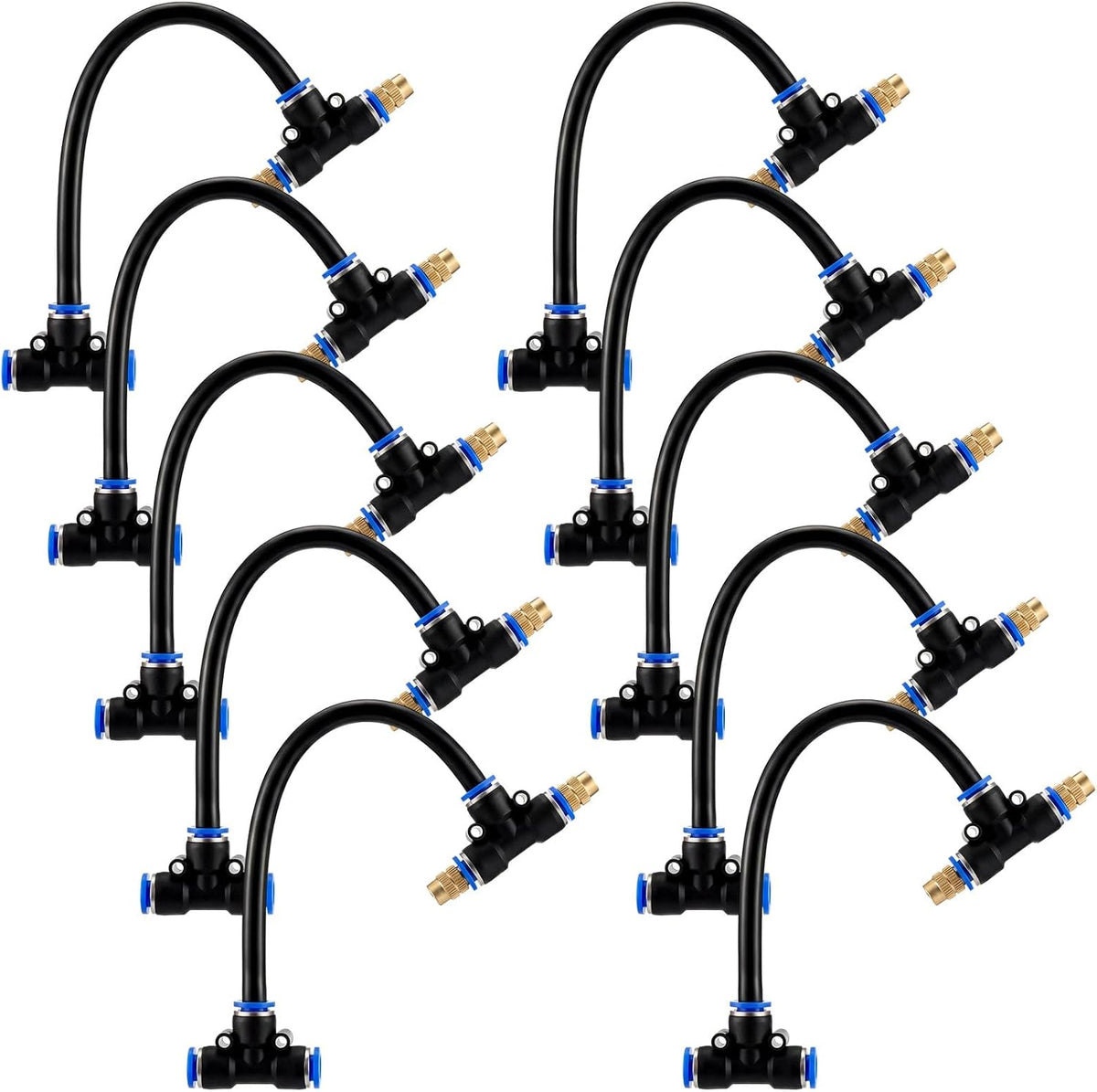 Adjustable Brass Misting Nozzle Tees with 8-Inch Tubes – 10 Pack