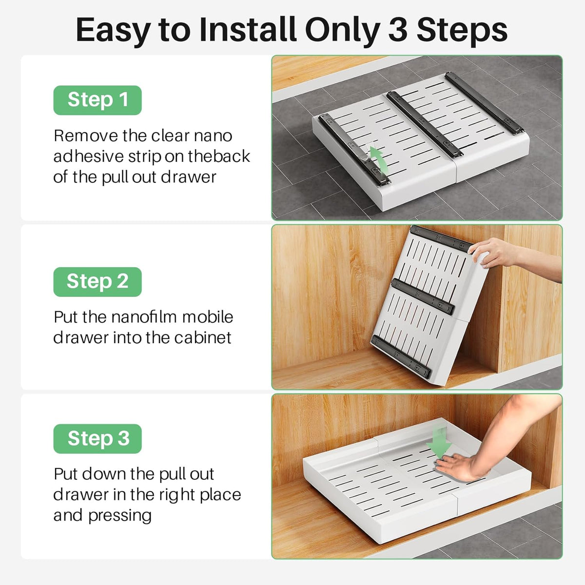 Pull out Cabinet Organizer, Expandable(12"-20") Heavy Duty Slide out Drawers Fixed with Adhesive Nano Film for Pots, Roll out Shelf Storage for Kitchen Base Cabinet, Pantry, Bathroom Cupboard - Field & Nook